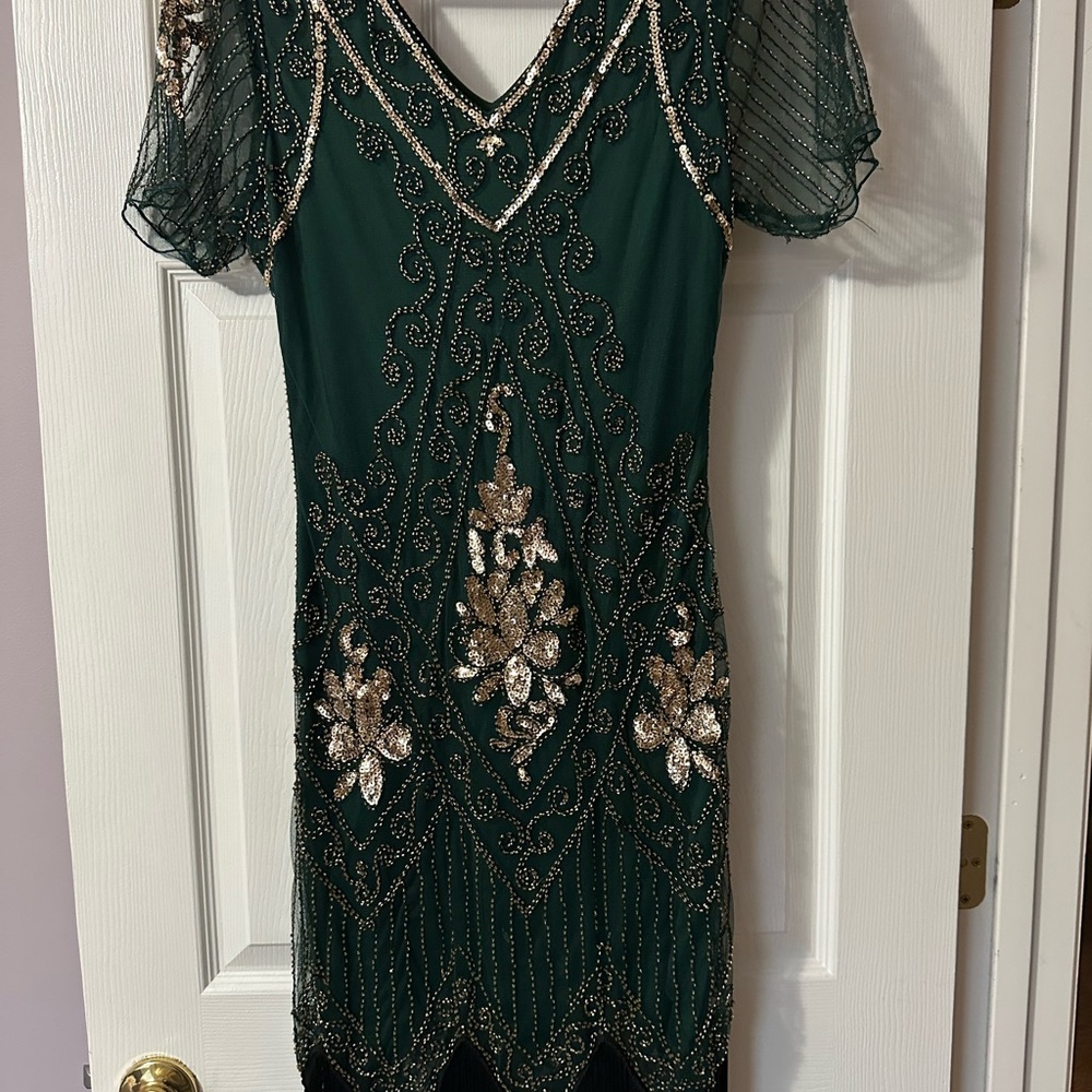 Elegant Green and Gold Beaded Dress - Picture 8 of 8
